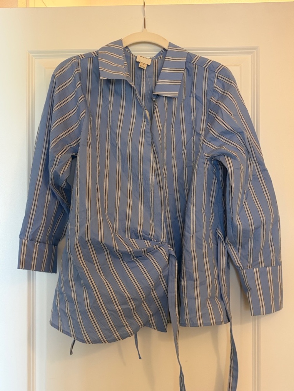 Maeve Light Blue and White Striped Tie-Front Blazer